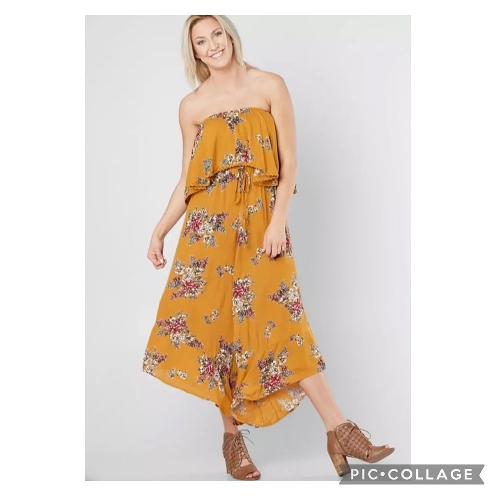 Angie Gold Floral Stapless Cutout Back Wide Leg Cropped Jumpsuit Size Small - Picture 11 of 16